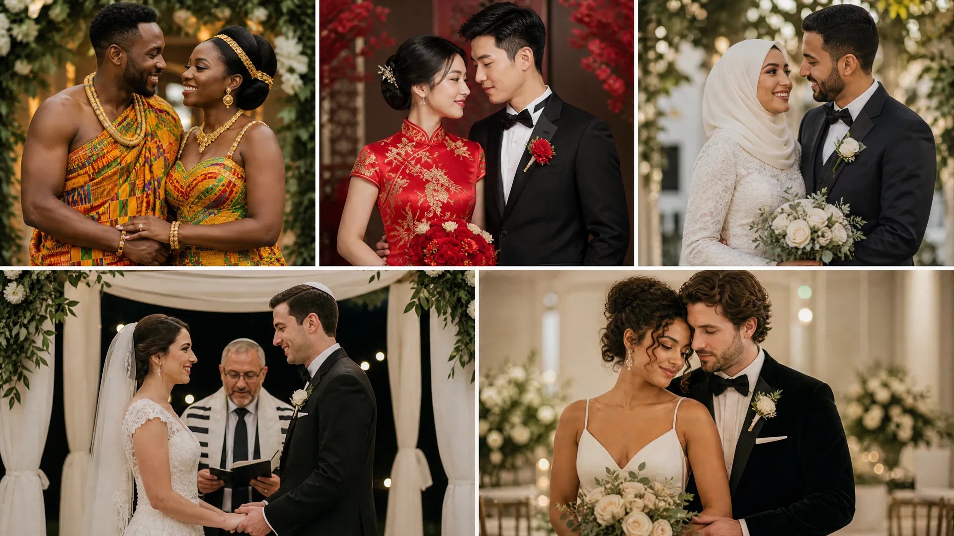 Couples from Indian, Chinese, Persian, Hindu, Jewish, and Western traditions celebrating their weddings