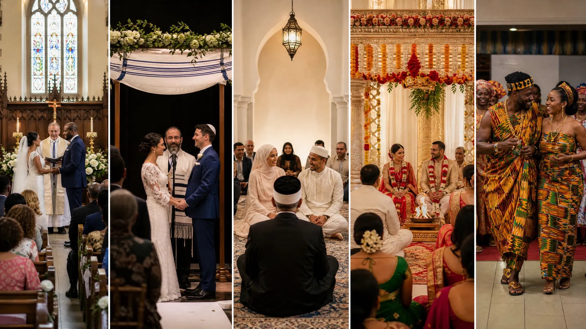 Diverse wedding vendor team: florist, photographer, chef, musician, and wedding planner
