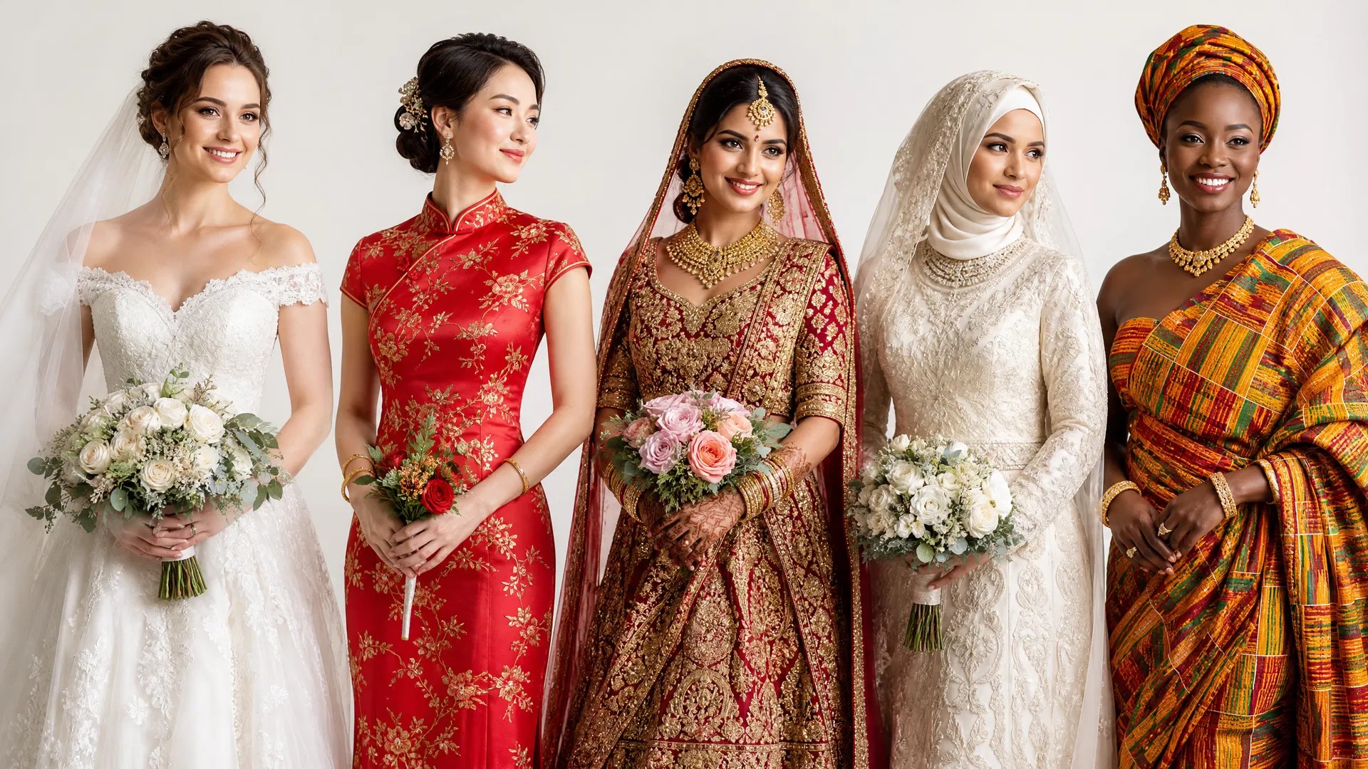 Bridal attire across cultures showing diverse sizing, modest options, and traditional garments